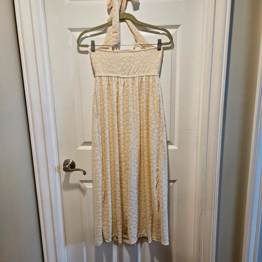 Velvety Soft Cream Floral Halter Sundress with Pockets Cottagecore Fairy Small - Picture 2 of 8